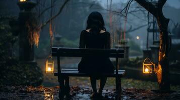 a woman sitting on a bench in the rain with lanterns generative ai photo