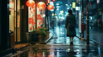a woman is walking down the street in the rain photo