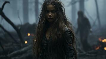 a young woman with long hair standing in the middle of a forest generative ai photo