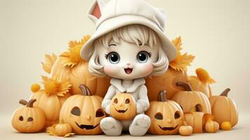 3d illustration of a cute little girl in a hat sitting on a pile of pumpkins generative ai photo