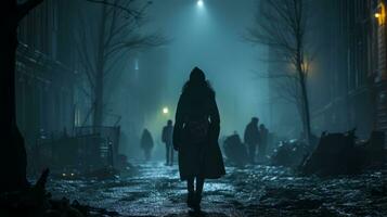 silueta de un mujer caminando abajo un oscuro calle a noche generativo ai foto