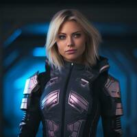 a beautiful blonde woman in a futuristic suit generative ai photo