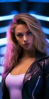 a beautiful blonde woman in a leather jacket standing in front of neon lights generative ai photo