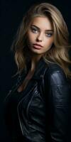 a beautiful blonde woman in a leather jacket generative ai photo