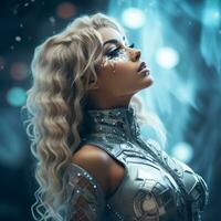 a beautiful blonde woman in a silver costume generative ai photo