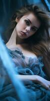 un hermosa mujer en un azul vestir tendido en un cama generativo ai foto
