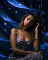 a beautiful woman in a dress sitting on a swing with stars in the background generative ai photo