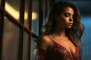 a beautiful woman in a red dress leaning against a window generative ai photo
