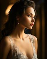 a beautiful woman in a wedding dress posing in front of a window generative ai photo