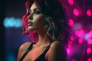 a beautiful woman in front of neon lights generative ai photo