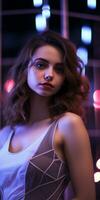 a beautiful woman posing in front of neon lights generative ai photo