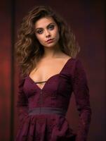 a beautiful young woman in a burgundy dress generative ai photo