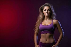 a beautiful young woman in a purple sports bra top posing in front of a red background generative ai photo