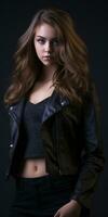 a beautiful young woman in a leather jacket photo