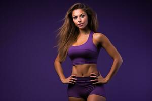 a beautiful young woman in a purple sports bra top posing against a purple background generative ai photo