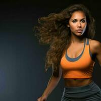 a beautiful young woman in an orange sports bra top and shorts running on a dark background generative ai photo