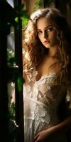 a beautiful young woman in a white dress standing in front of a window photo
