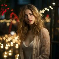 a beautiful young woman is posing in front of lit candles generative ai photo
