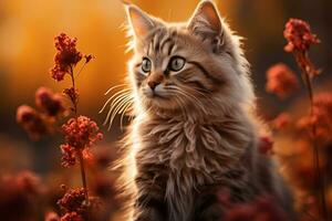 un gato es sentado en un campo con rojo flores generativo ai foto