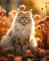 a long haired cat sitting in a field of flowers generative ai photo