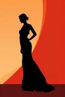 a silhouette of a woman in a long dress standing in front of an orange and red background generative ai photo