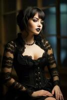 a woman in a black corset and black makeup photo