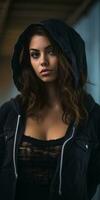 a woman in a black hoodie posing for the camera photo