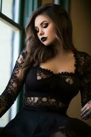 a woman in a black lace top and black lipstick generative ai photo