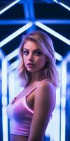 a woman in a pink bra top standing in front of neon lights generative ai photo