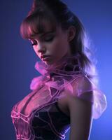 a woman in a pink dress with neon lights photo