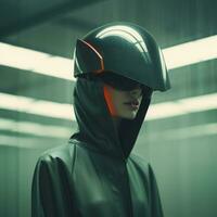 a woman wearing a futuristic helmet in a dark room photo