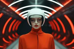 a woman wearing a helmet and glasses in an orange tunnel generative ai photo