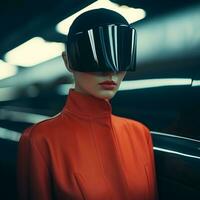 a woman wearing a virtual reality headset generative ai photo