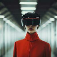 a woman wearing a virtual reality headset in a tunnel generative ai photo
