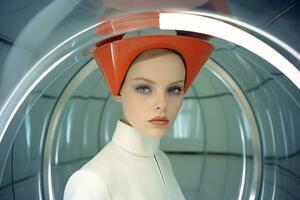a woman wearing an orange hat in a futuristic tunnel generative ai photo