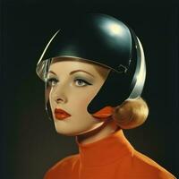 a woman wearing an orange top and a helmet generative ai photo