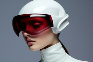 a woman wearing a white helmet and red goggles generative ai photo