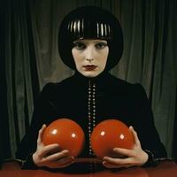 a woman with black hair holding two red balls generative ai photo