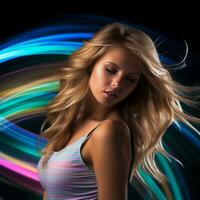 a woman with long hair in front of a colorful background generative ai photo