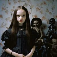 a young girl in a black dress standing in front of a group of dolls generative ai photo