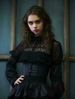 un joven mujer en un negro gótico vestir foto