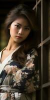 an asian woman in a kimono is leaning against a wall generative ai photo