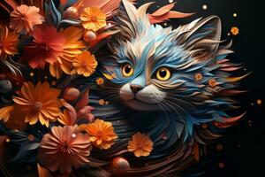 an illustration of a cat surrounded by flowers generative ai photo