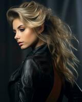 beautiful blonde woman with long hair in leather jacket generative ai photo