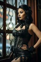 beautiful woman in black corset posing in front of a window generative ai photo