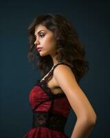 beautiful woman in red dress posing against dark background generative ai photo