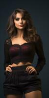 beautiful young woman in black lace top and high waisted black shorts generative ai photo