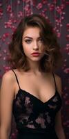 hermosa joven mujer en negro lencería posando en frente de rosado flores generativo ai foto