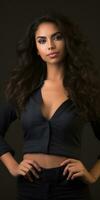 beautiful young woman with long curly hair posing for the camera photo