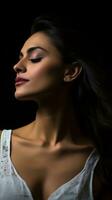 portrait of a beautiful woman with long dark hair on a black background generative ai photo